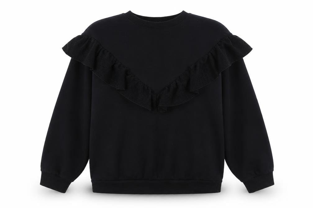 Front view of H&M girls’ black ruffle long sleeve crew neck sweatshirt 12-14 years
