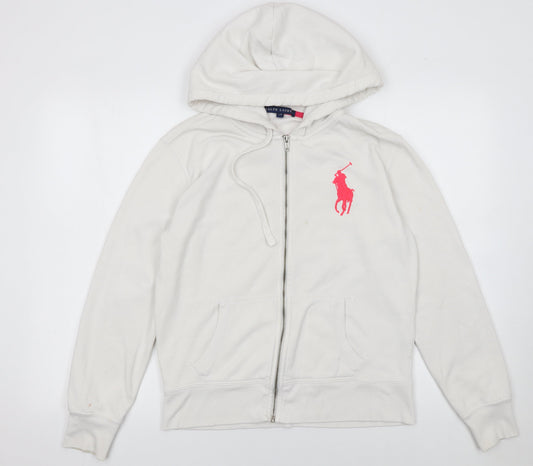Ralph Lauren Women White Full Zip Hoodie L Cotton Blend Pink Logo