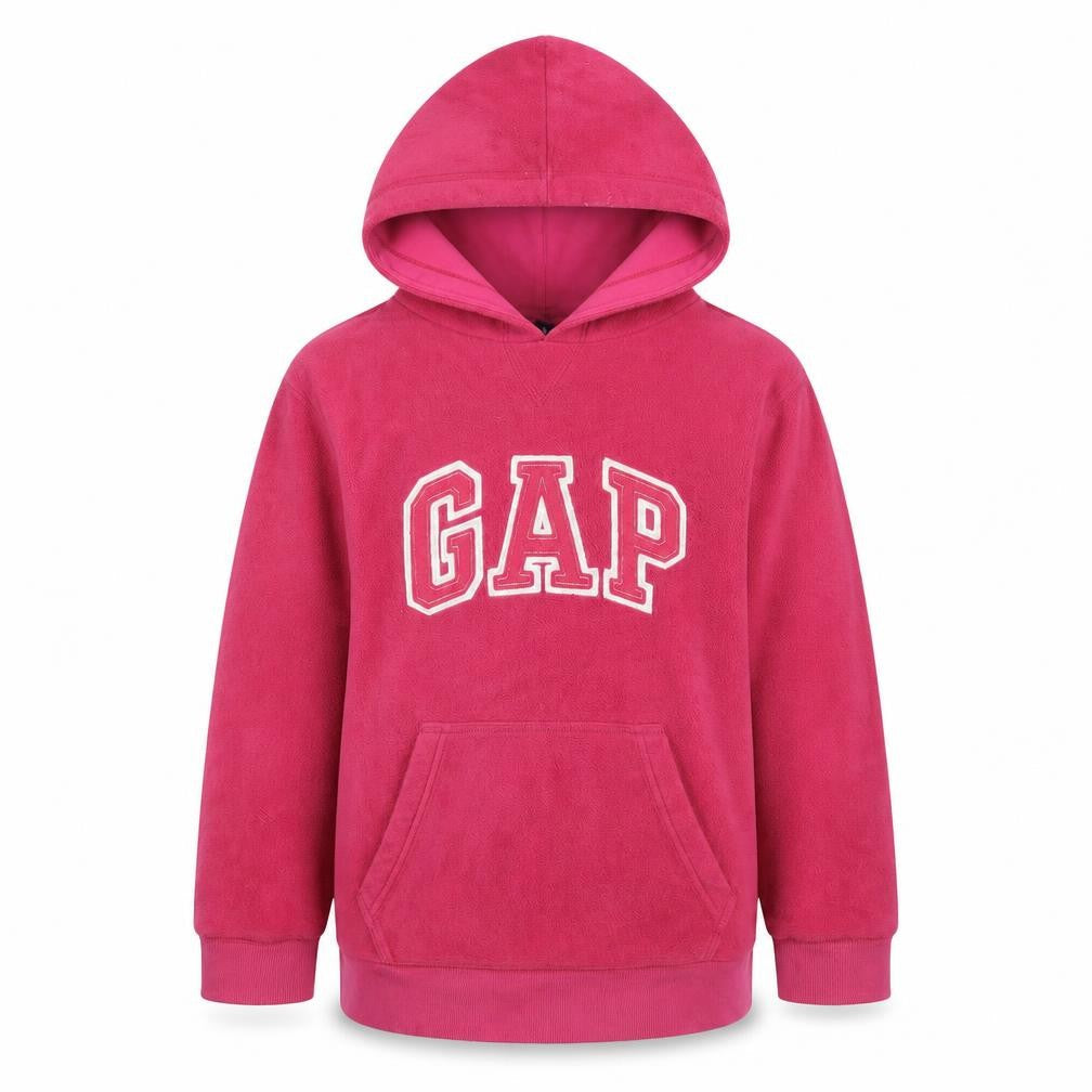 Front view of Gap Kids girls’ pink fleece pullover hoodie, size 10, years logo hooded sweatshirt