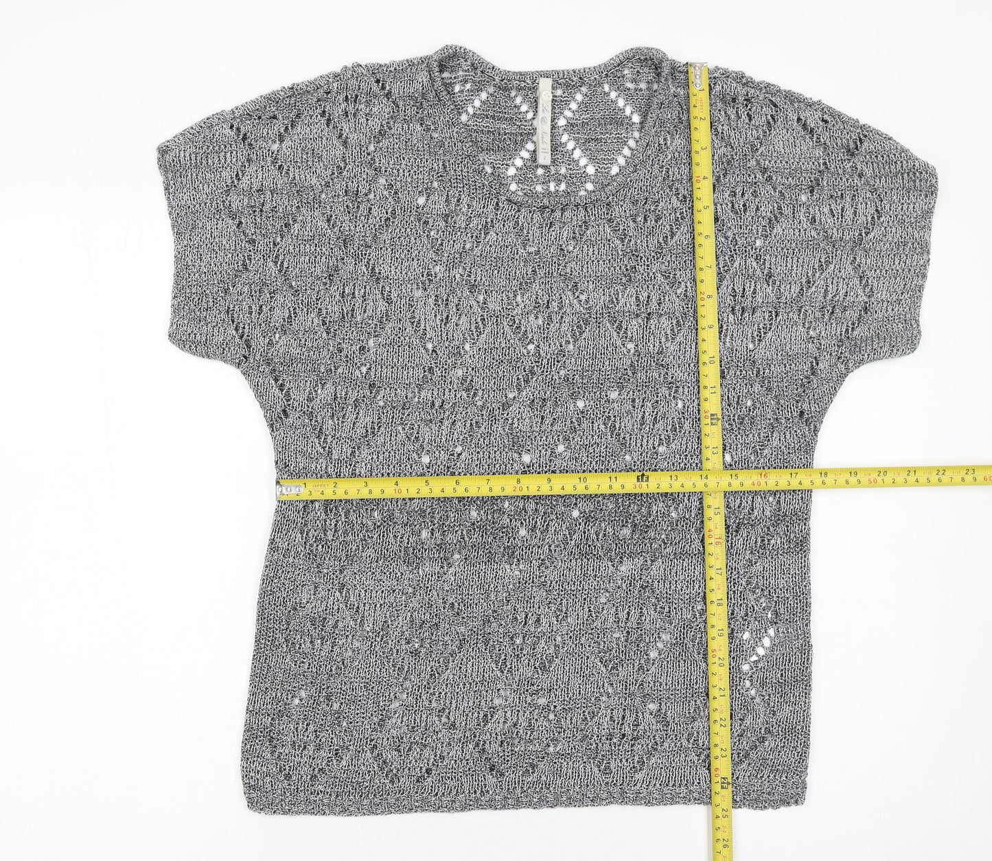 Leo & Nicole Women’s Grey Open-Knit Short Sleeve Pullover Jumper Size S