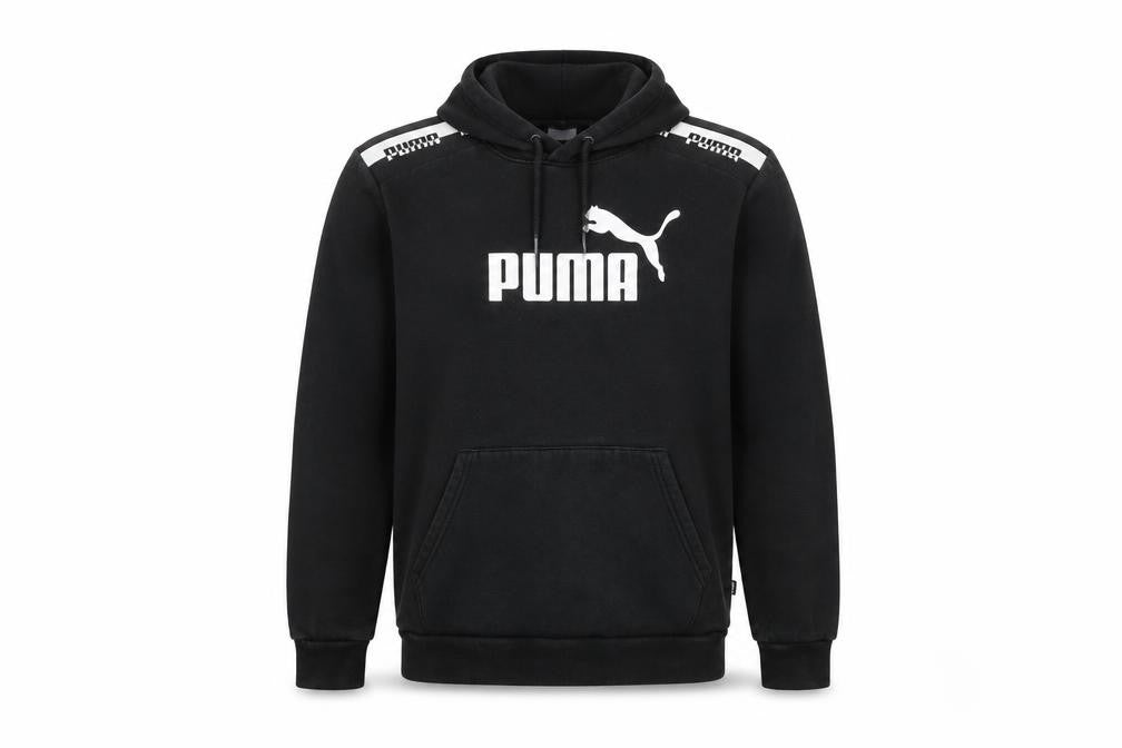 Front view of Puma Men's Black Pullover Hoodie Medium Cotton Blend Logo Sweatshirt