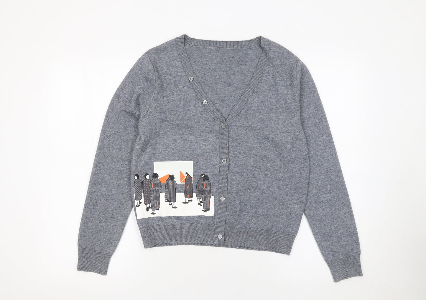 GMXY Girls Grey Cardigan Medium Knit V-Neck Graphic Buttoned Jumper