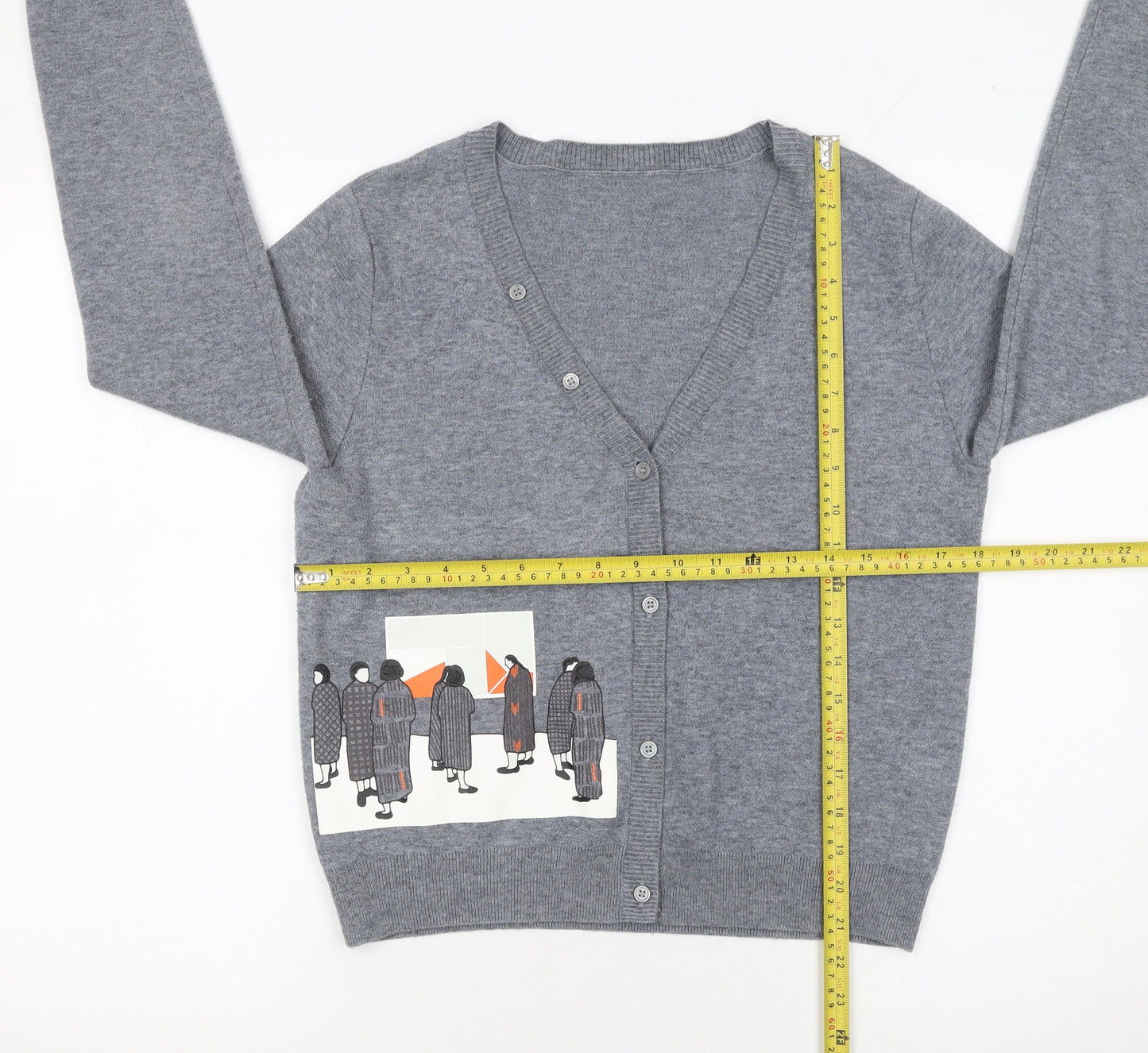 GMXY Girls Grey Cardigan Medium Knit V-Neck Graphic Buttoned Jumper