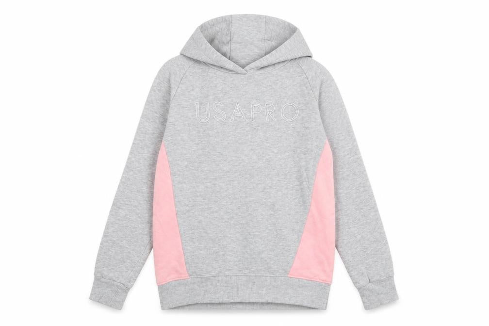 Front view of USA Pro girls’ grey & pink pullover hoodie 11-12 years cotton blend