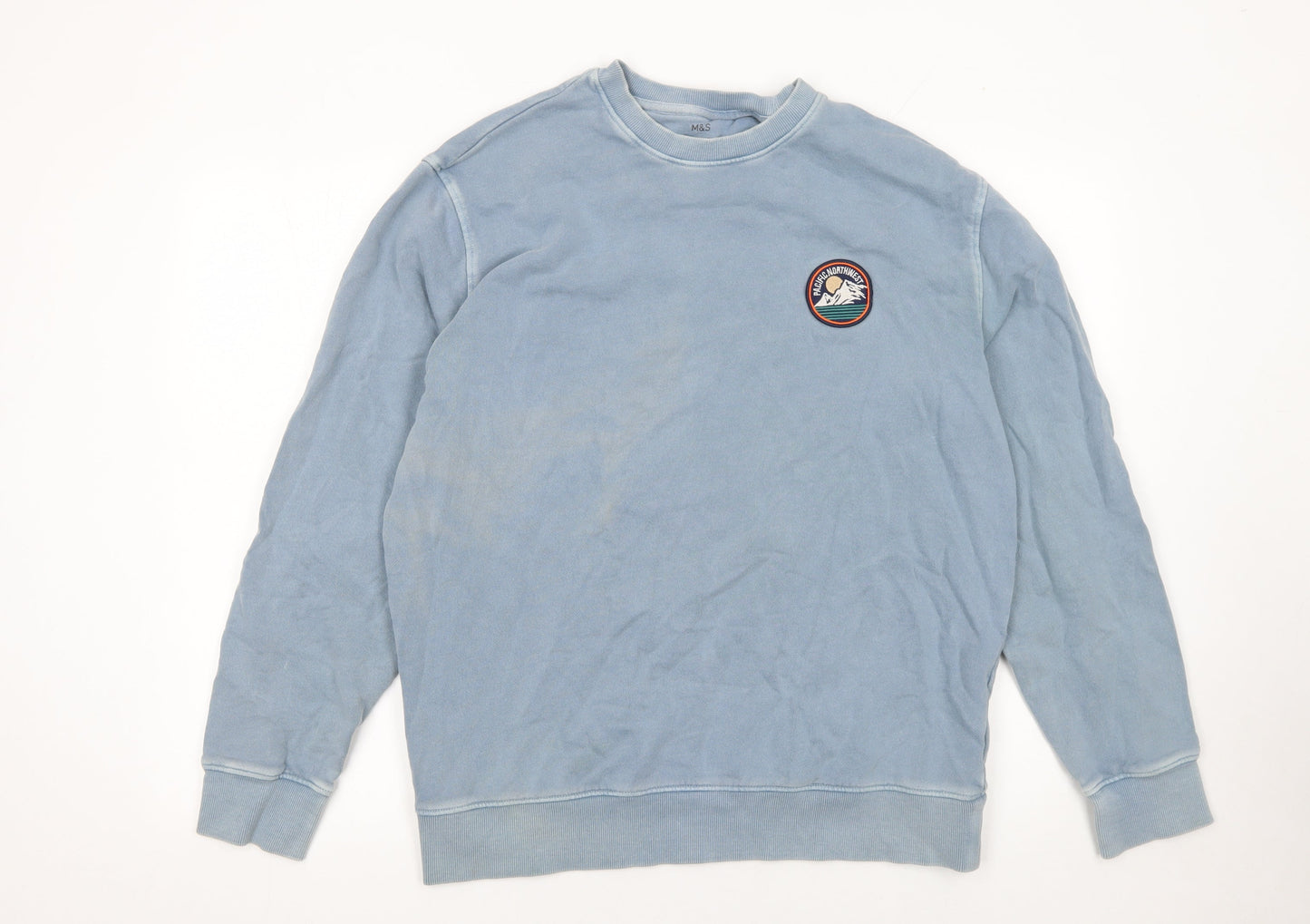 Marks and Spencer Men's Blue Embroidered Crew Neck Sweatshirt M