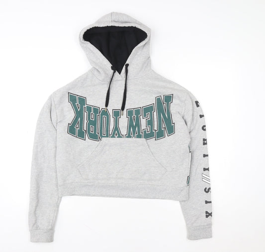 Topshop Women Grey New York Cropped Hoodie Size 8 Cotton Blend