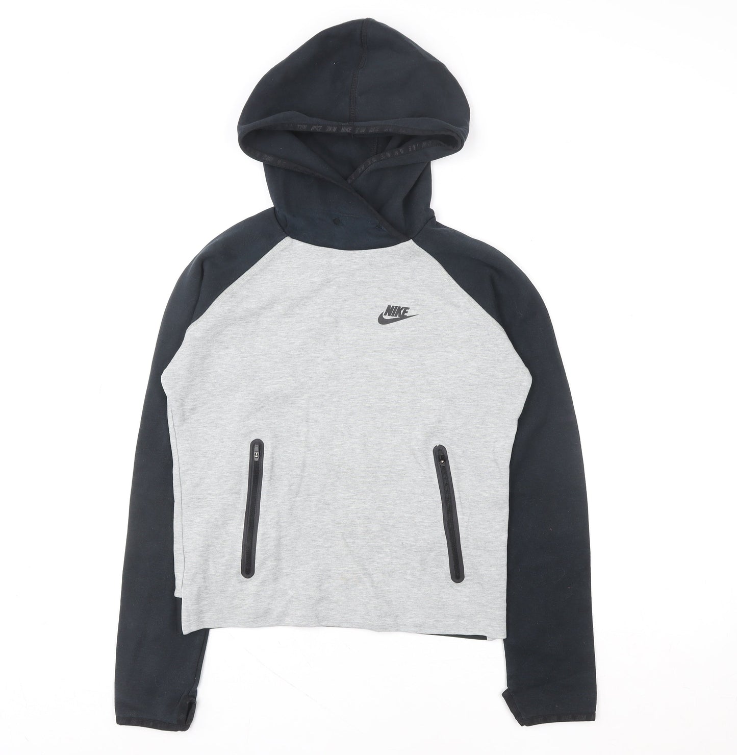 Nike Boys Grey & Black Pullover Hoodie S Regular Fit Logo Sweatshirt