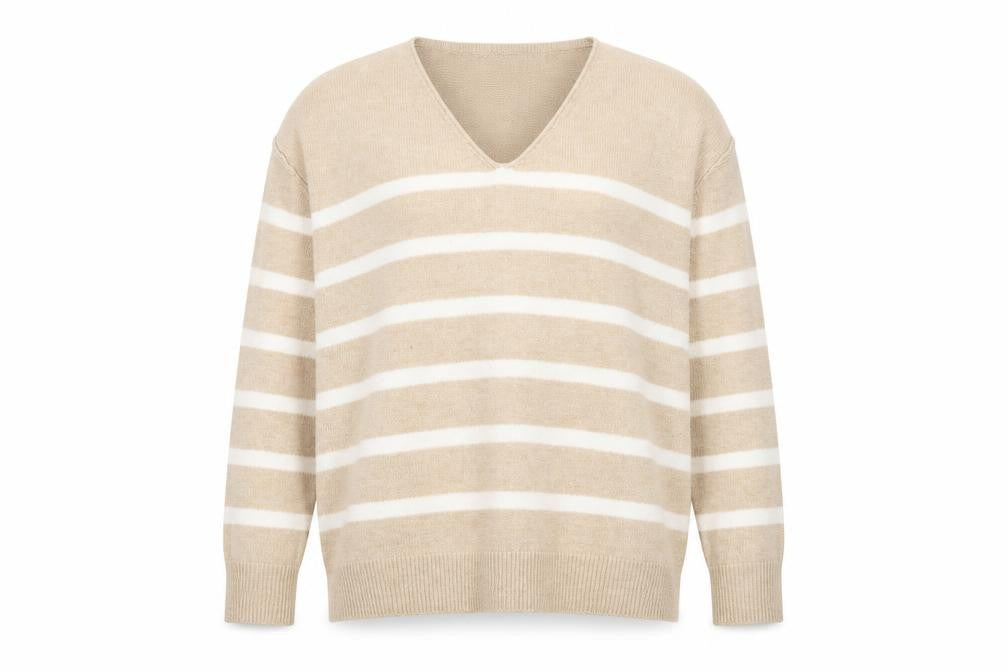 Papaya Women Beige Striped V-Neck Knit Jumper Size M