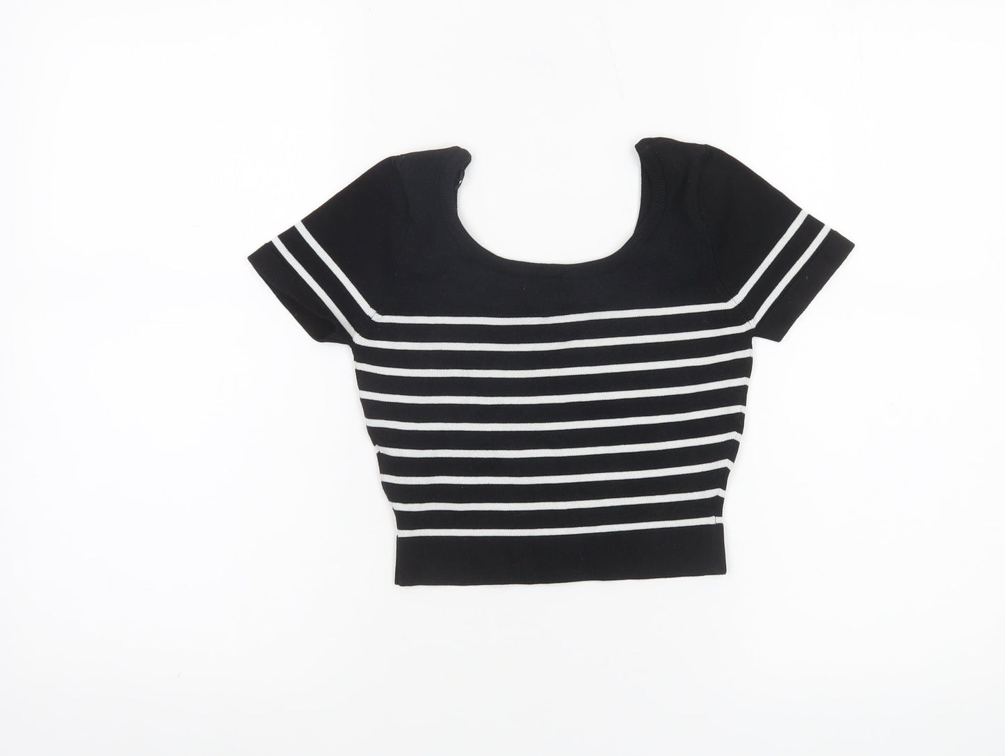 Pull&Bear Womens Black Striped Cropped Knit T-Shirt XS