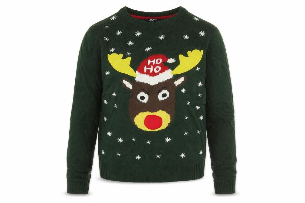 Front view of Rebel boys’ green christmas reindeer jumper size 158cm