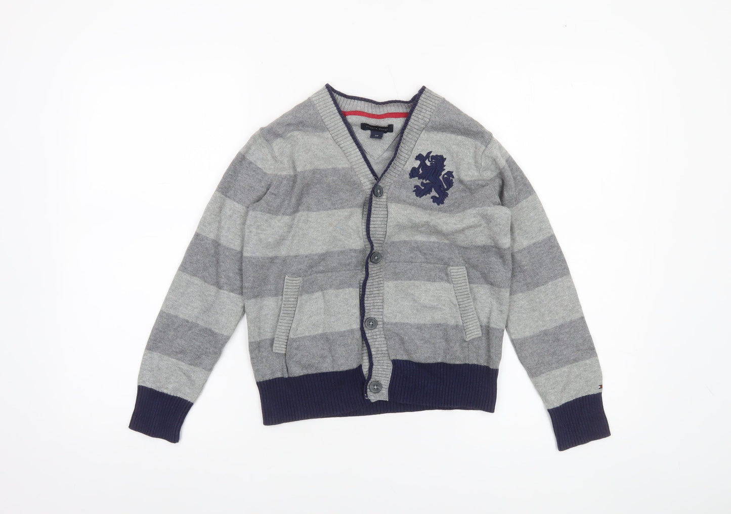 Tommy Hilfiger Boys Grey Striped Cardigan Jumper Size 6-7 Years Cotton Blend
