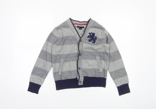 Tommy Hilfiger Boys Grey Striped Cardigan Jumper Size 6-7 Years Cotton Blend