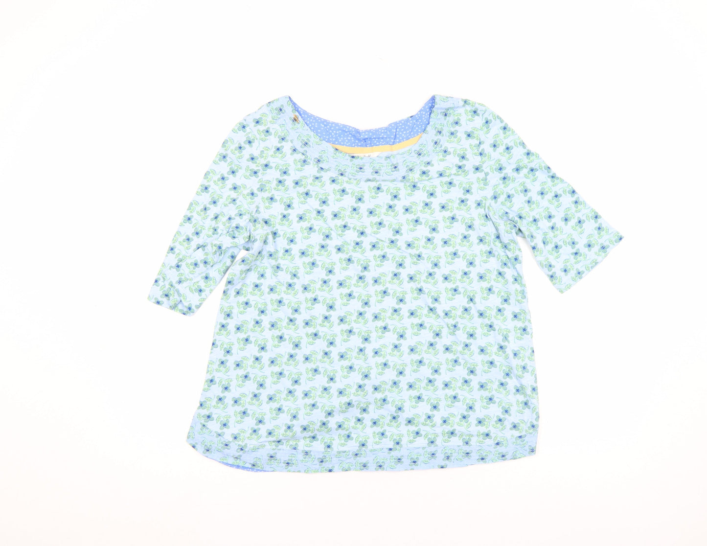 White Stuff Women's Blue Floral Cotton 3/4 Sleeve T-Shirt UK 12
