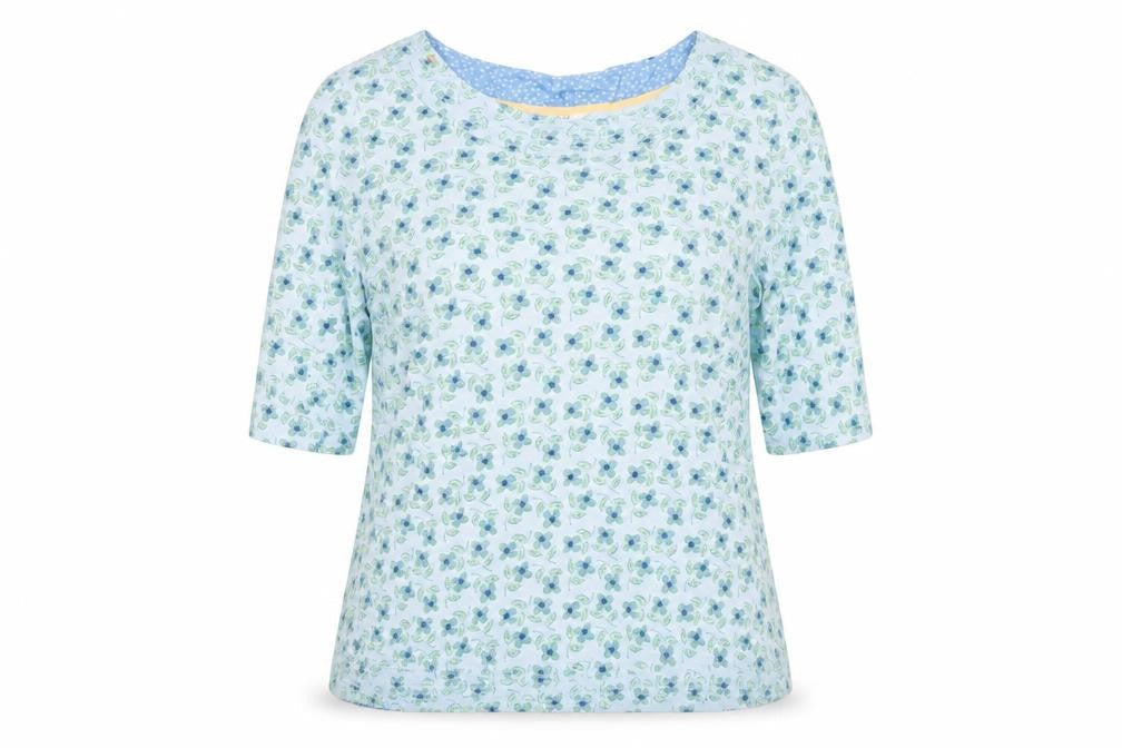 White Stuff Women's Blue Floral Cotton 3/4 Sleeve T-Shirt UK 12