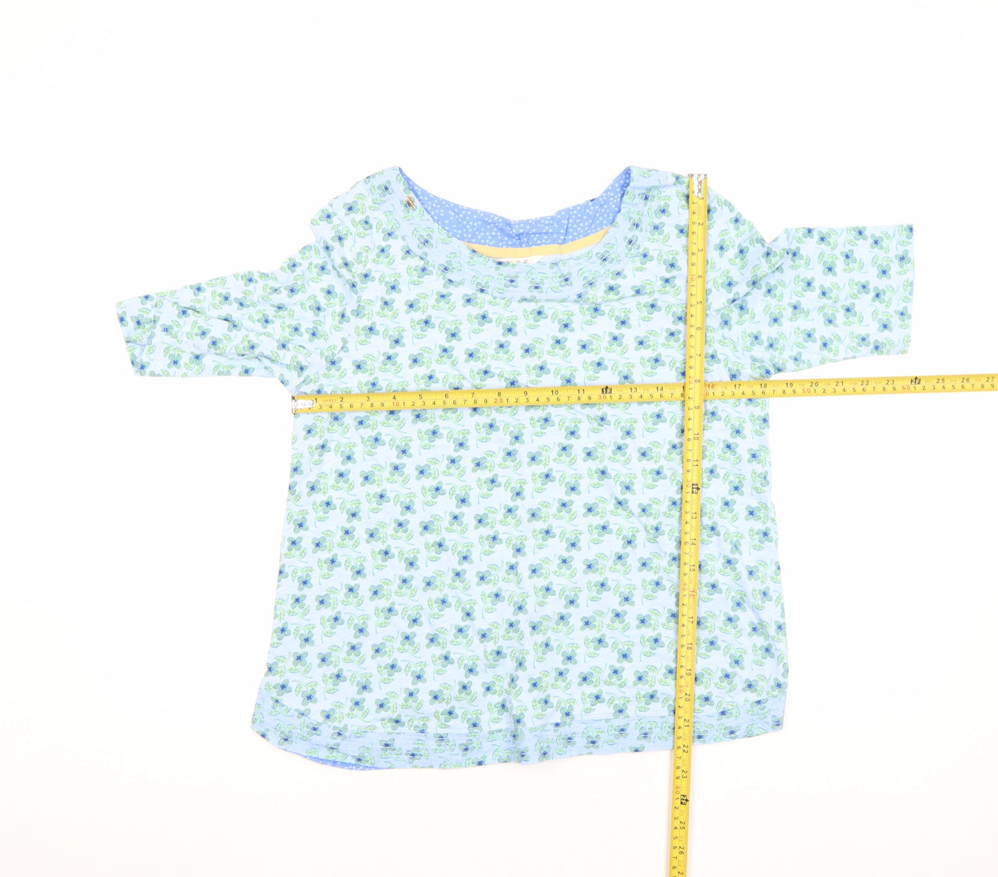 White Stuff Women's Blue Floral Cotton 3/4 Sleeve T-Shirt UK 12