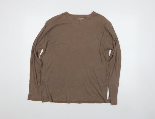 Lee Cooper Men's Brown Long Sleeve Cotton V-Neck Shirt XL