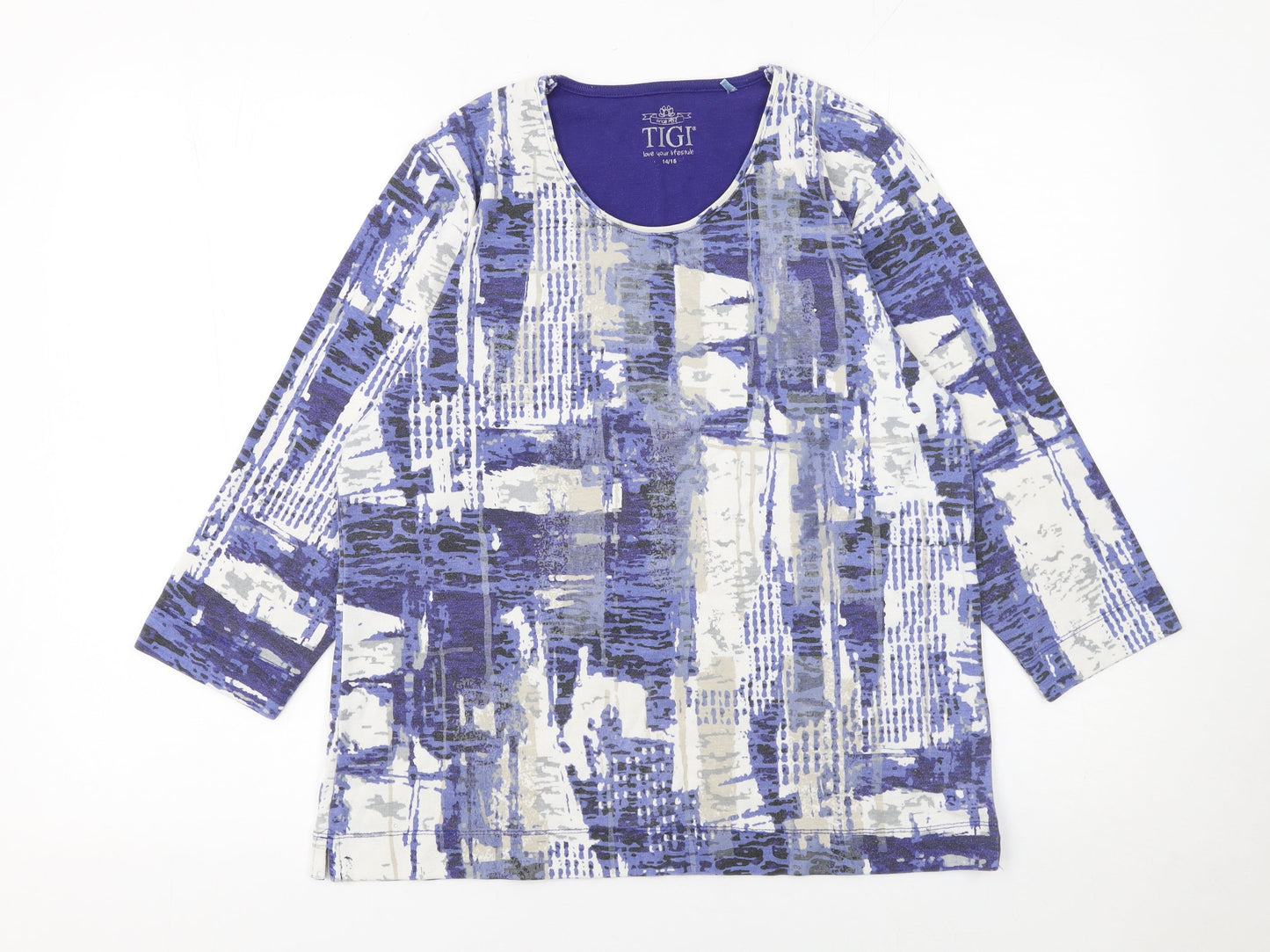 TIGI Women's Blue Geometric 3/4 Sleeve Cotton T-Shirt Size 14/16