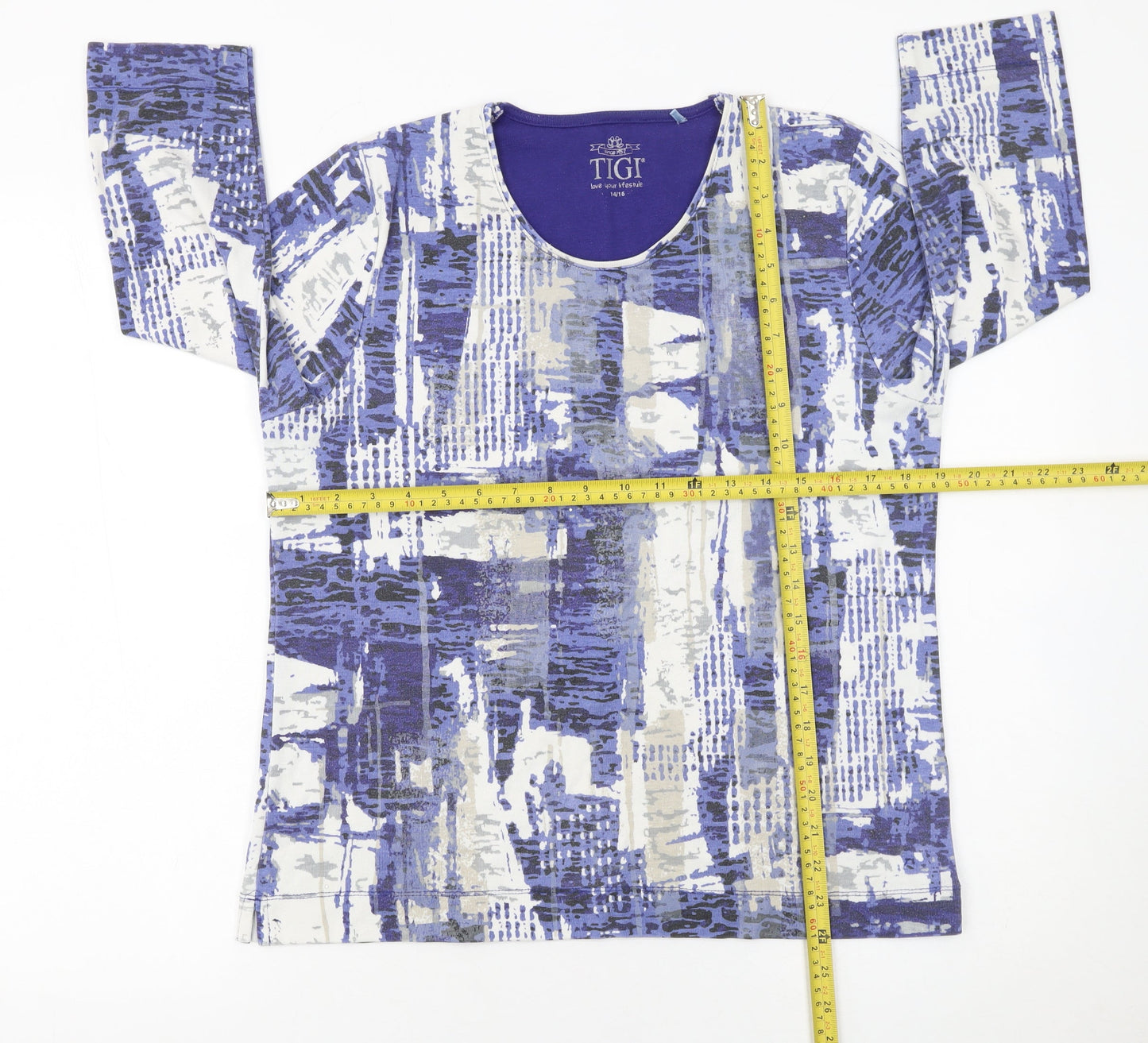 TIGI Women's Blue Geometric 3/4 Sleeve Cotton T-Shirt Size 14/16