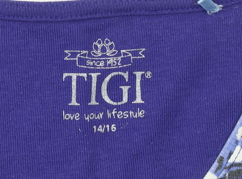 TIGI Women's Blue Geometric 3/4 Sleeve Cotton T-Shirt Size 14/16
