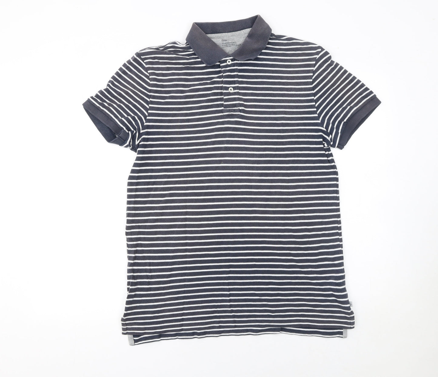 Gap Men's Grey Striped Classic Fit Cotton Polo Shirt M