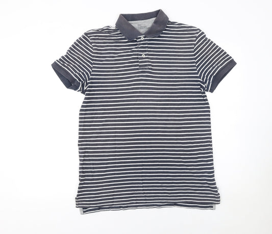 Gap Men's Grey Striped Classic Fit Cotton Polo Shirt M