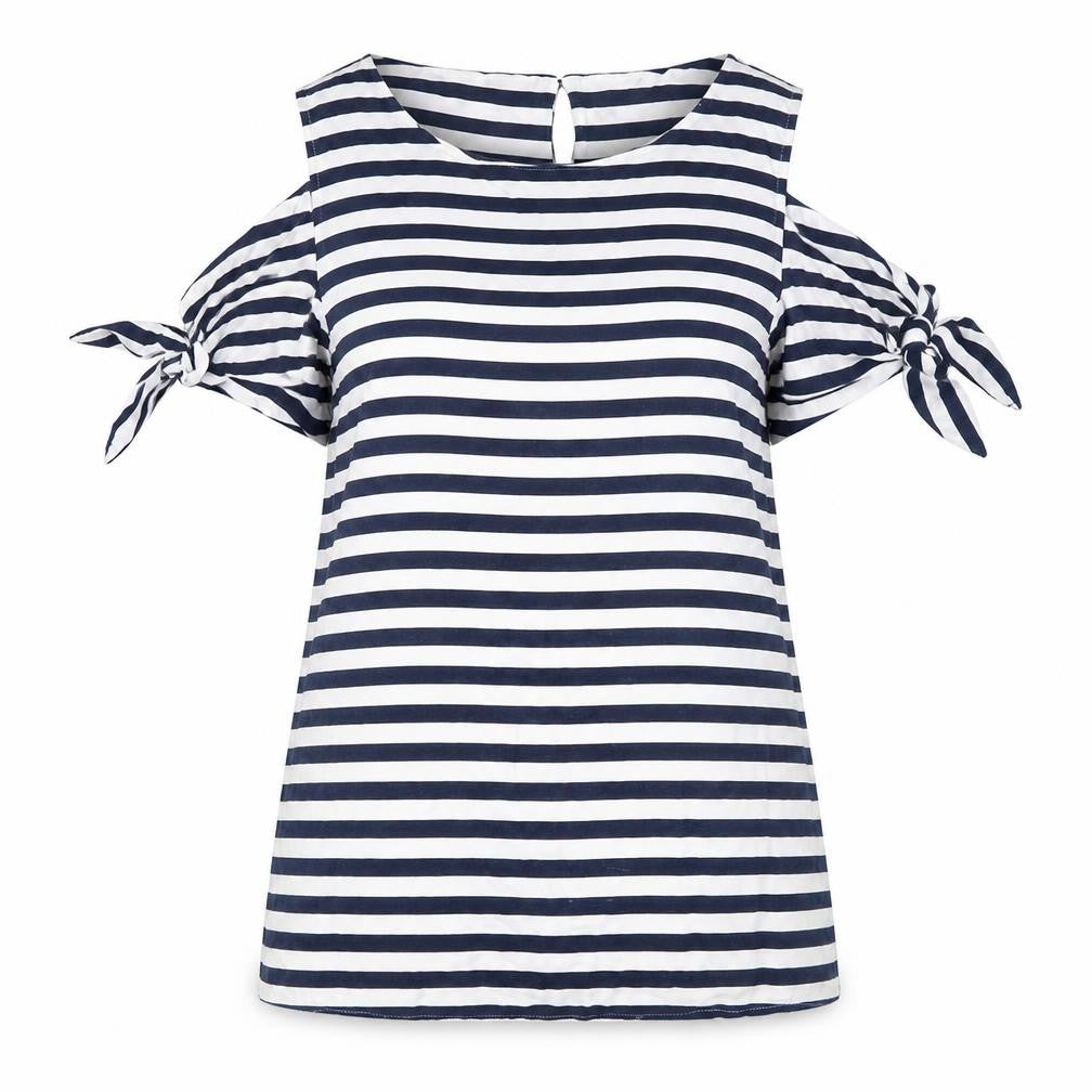 Oasis Women Blue White Striped Cold Shoulder Tunic Blouse Size 12
