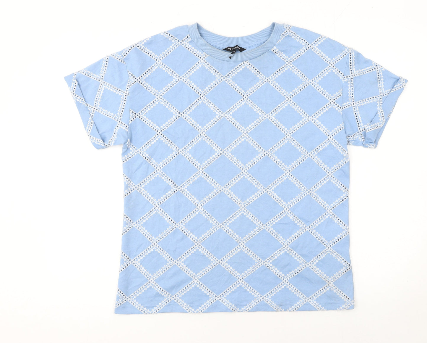 Peacocks Women Blue Embroidered Geometric Short Sleeve T-Shirt UK 10