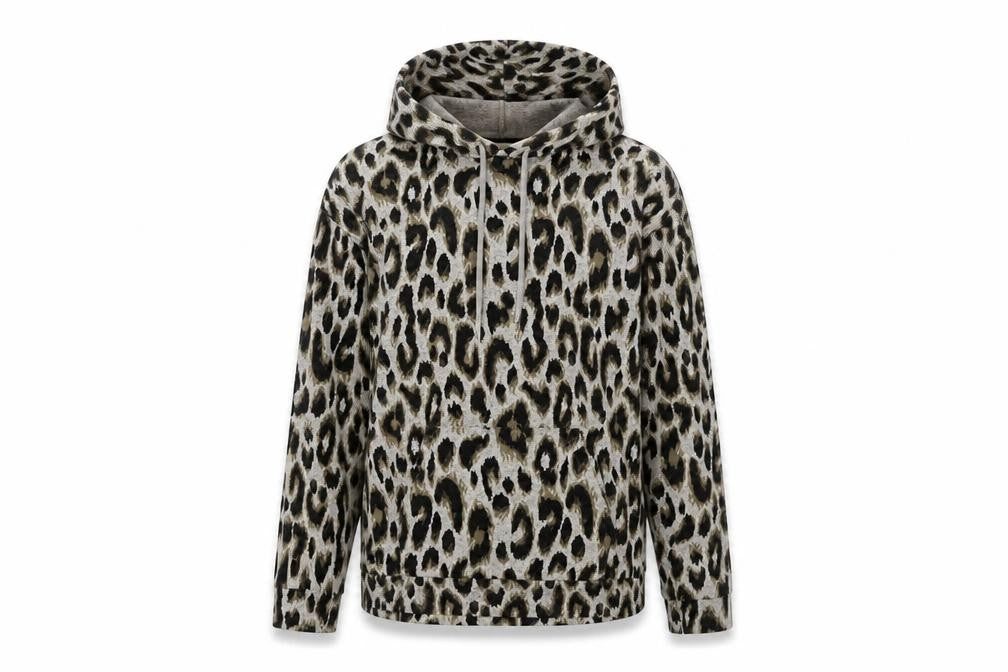 Front view of Papaya Women’s Leopard Print Pullover Hoodie Grey, size S