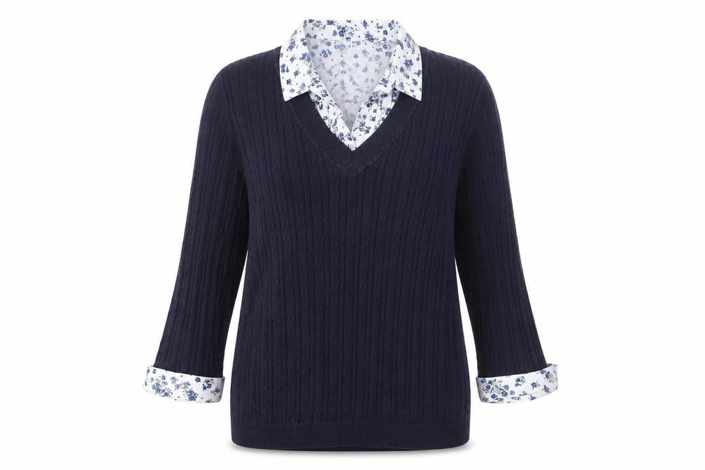Maine New England Women's Blue Cotton V-Neck Cable-Knit Jumper Size 14