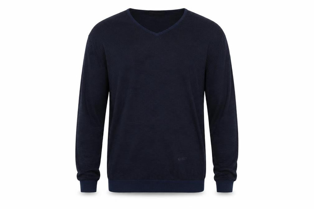 Front view of Zara Man Blue Striped Cotton V-Neck Jumper XL Regular Fit