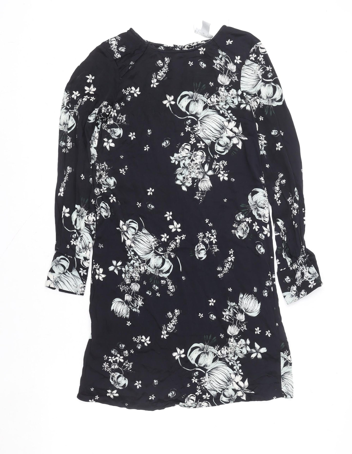 H&M Women's Black Floral Long Sleeve Shift Dress Size 8