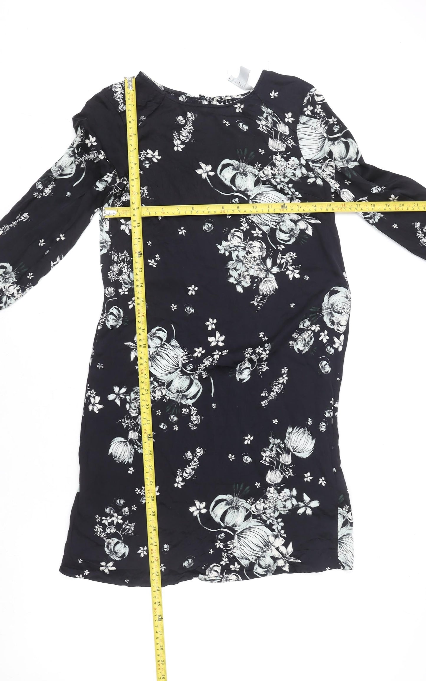 H&M Women's Black Floral Long Sleeve Shift Dress Size 8