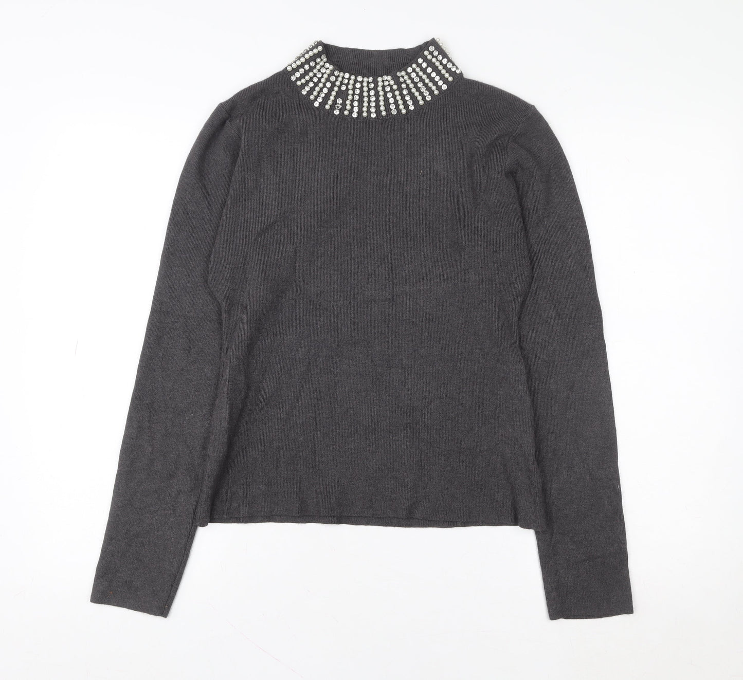 QED London Women Grey Beaded Mock Neck Long Sleeve Pullover Sweatshirt L