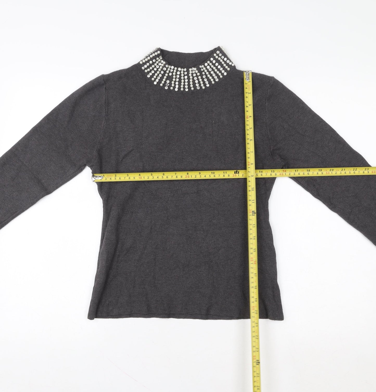 QED London Women Grey Beaded Mock Neck Long Sleeve Pullover Sweatshirt L