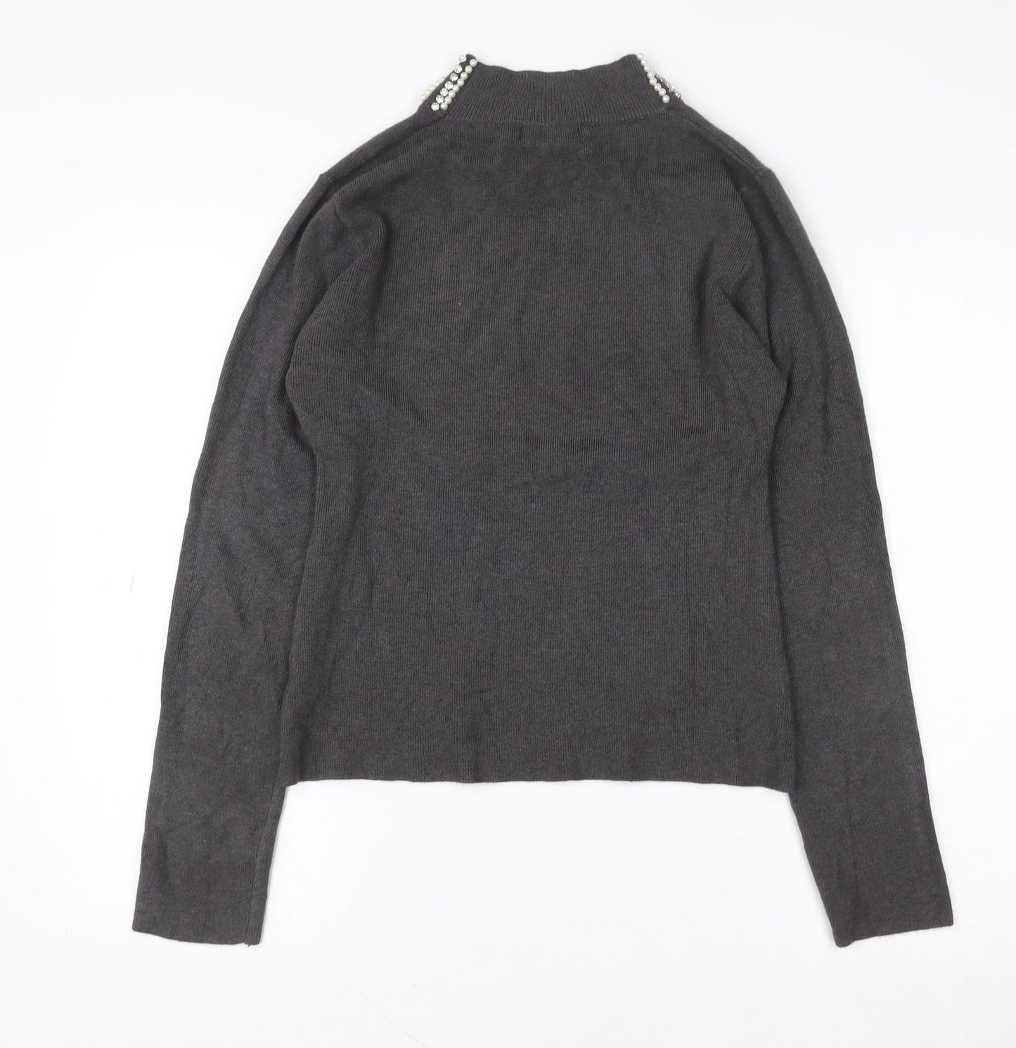 QED London Women Grey Beaded Mock Neck Long Sleeve Pullover Sweatshirt L