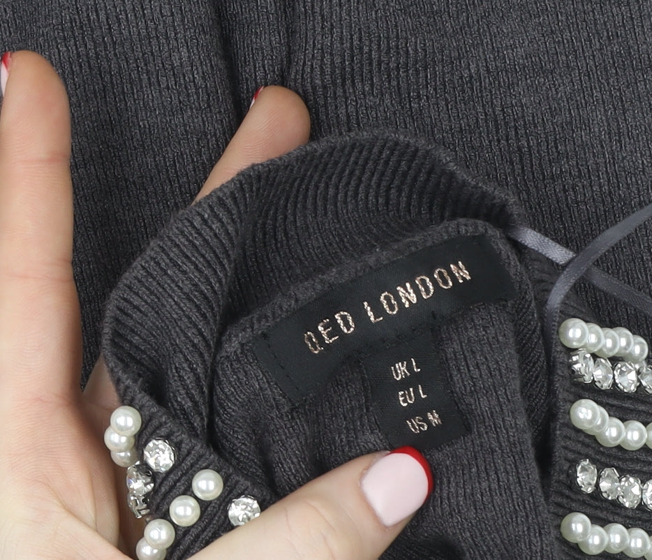 QED London Women Grey Beaded Mock Neck Long Sleeve Pullover Sweatshirt L