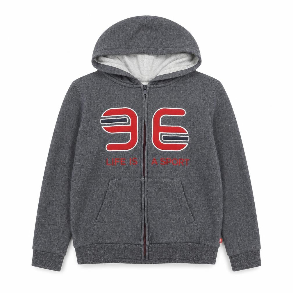 Front view of Okaidi boys’ grey full zip hoodie 14 years graphic sport design