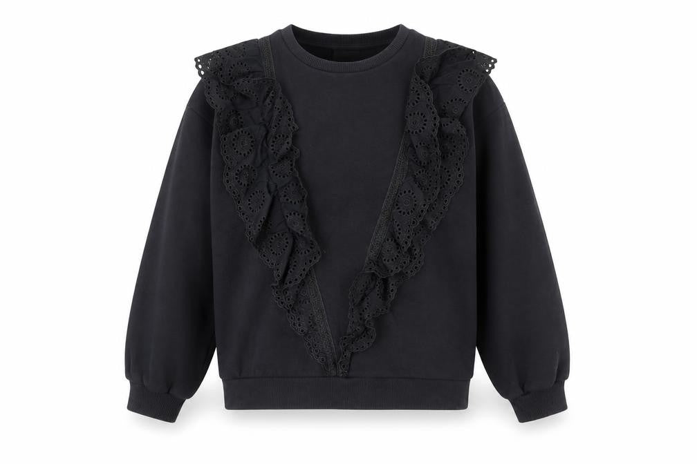 Front view of Zara girls’ black ruffle embroidered pullover sweatshirt 11-12 years