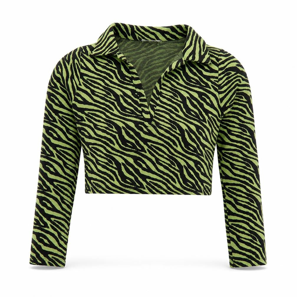 ZARA Women Green Animal Print Cropped Collared Long Sleeve Top Size 12