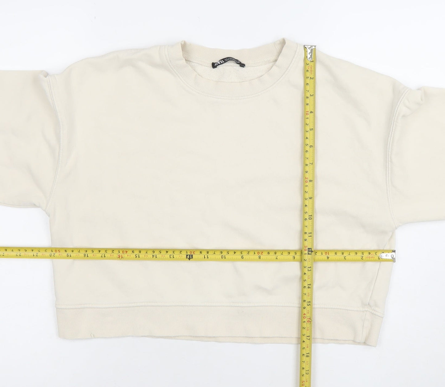 Zara Women Beige Crew Neck Pullover Sweatshirt Size S Cotton Blend