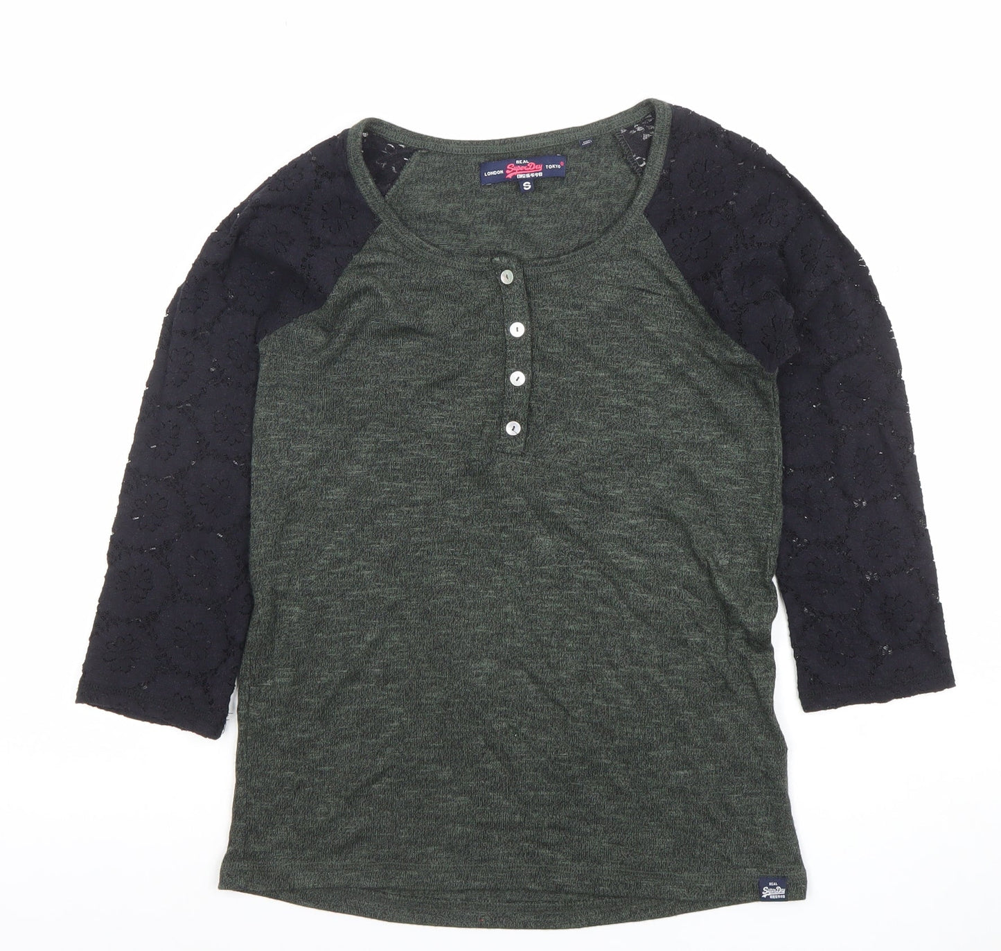 Superdry Women's Green Raglan 3/4 Sleeve Button-Up Jersey Top S