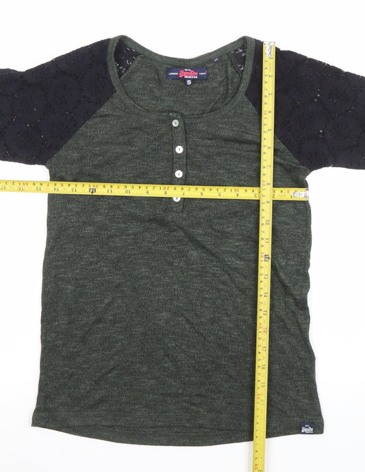 Superdry Women's Green Raglan 3/4 Sleeve Button-Up Jersey Top S