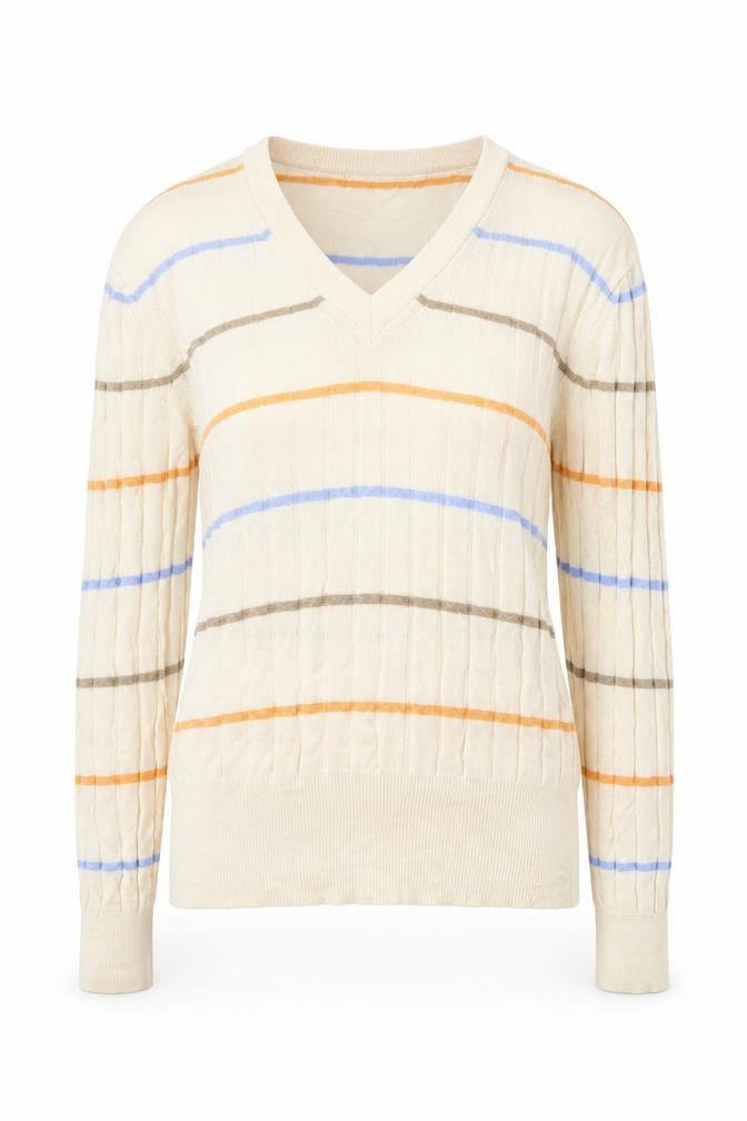 Marks and Spencer Womens Beige Striped V-Neck Cotton Jumper XS