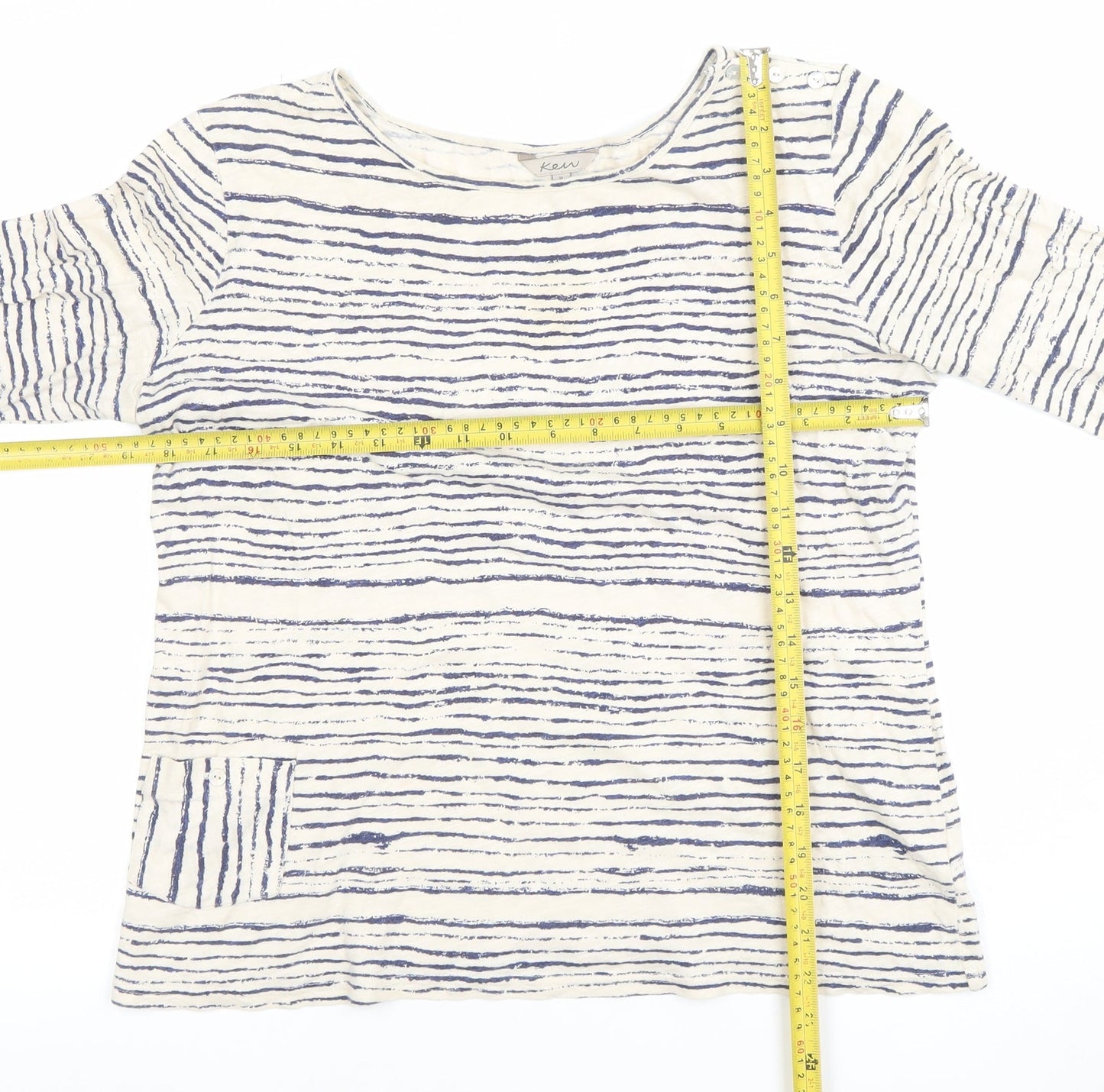 Kew Women’s White Blue Striped 3/4 Sleeve Cotton Jersey Top UK 12