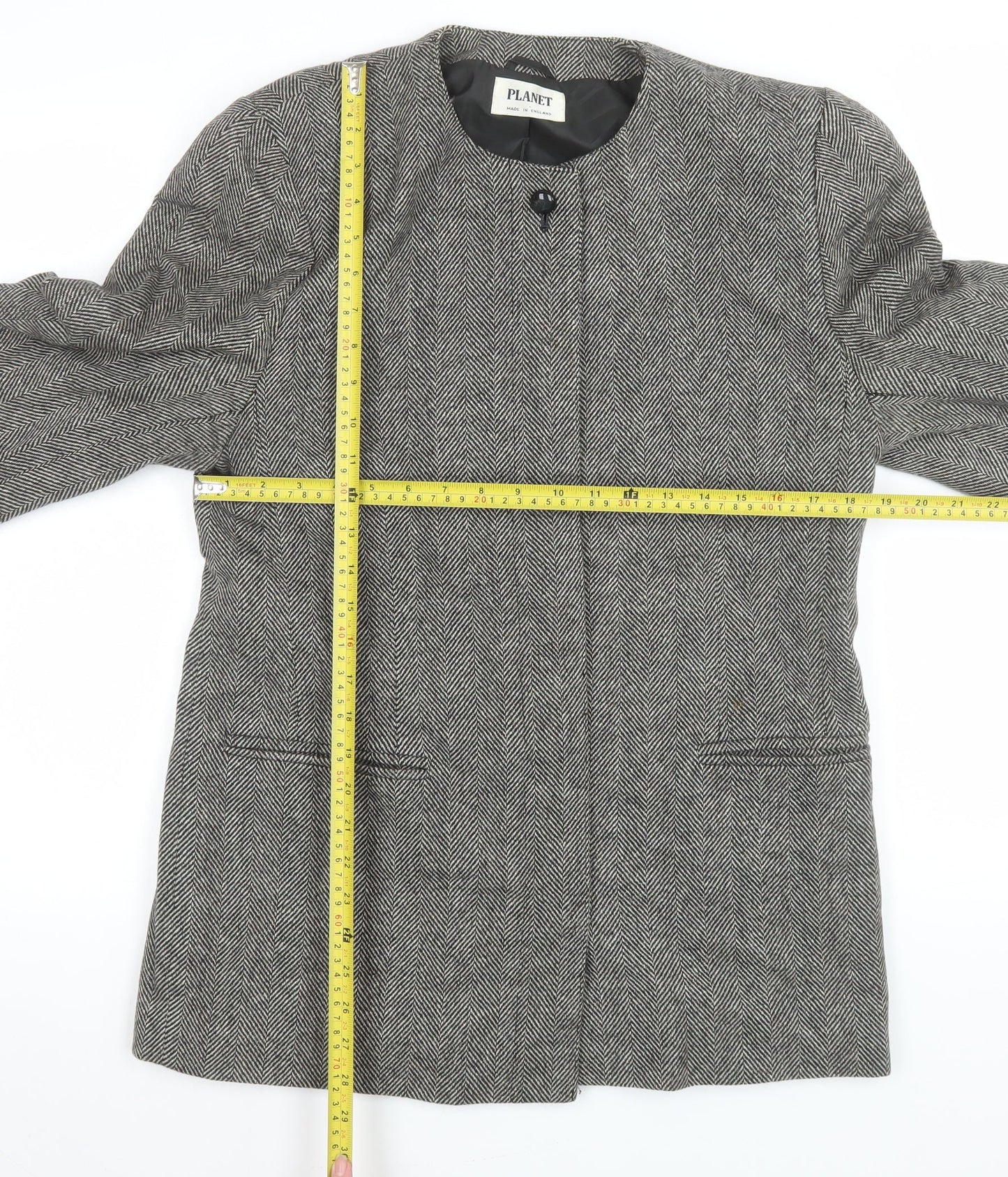 Planet Women Grey Wool Herringbone Long Blazer Jacket Size 14