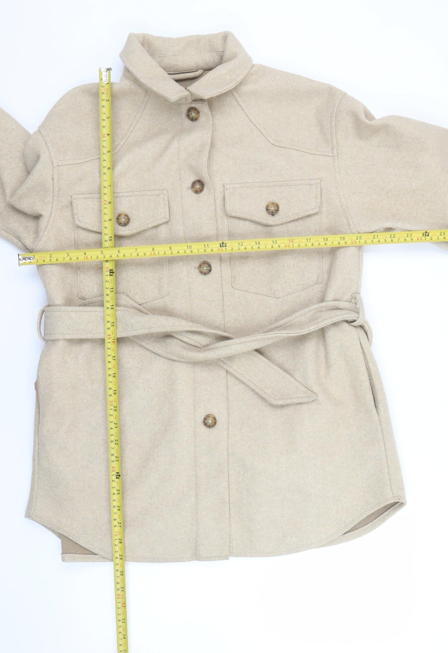 ZARA Women Beige Wool Blend Belted Casual Jacket Size 12