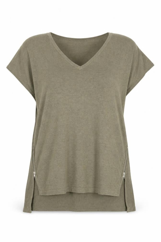 Warehouse Women’s Green Relaxed V-Neck Knit Top Size 12 with Zip Detail