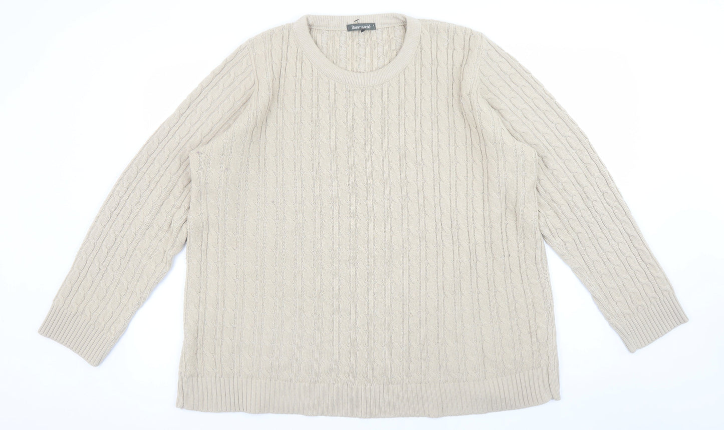 Bonmarché Womens Beige Cable Knit Jumper L Crew Neck Long Sleeve