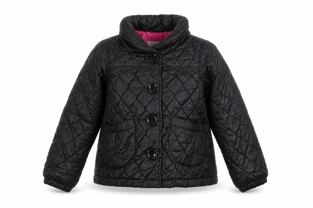 Front view of H&M girls’ black quilted mid-length jacket 9-10 years lined padded coat