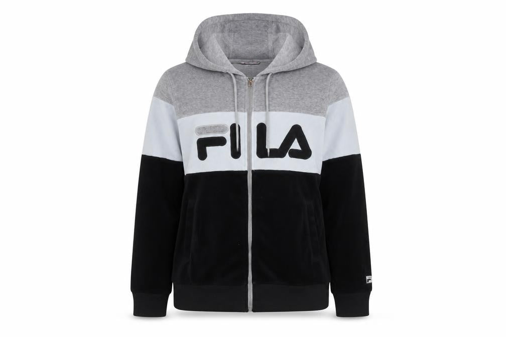 Front view of Fila Women’s Grey Black Colourblock Full Zip Hoodie, size M